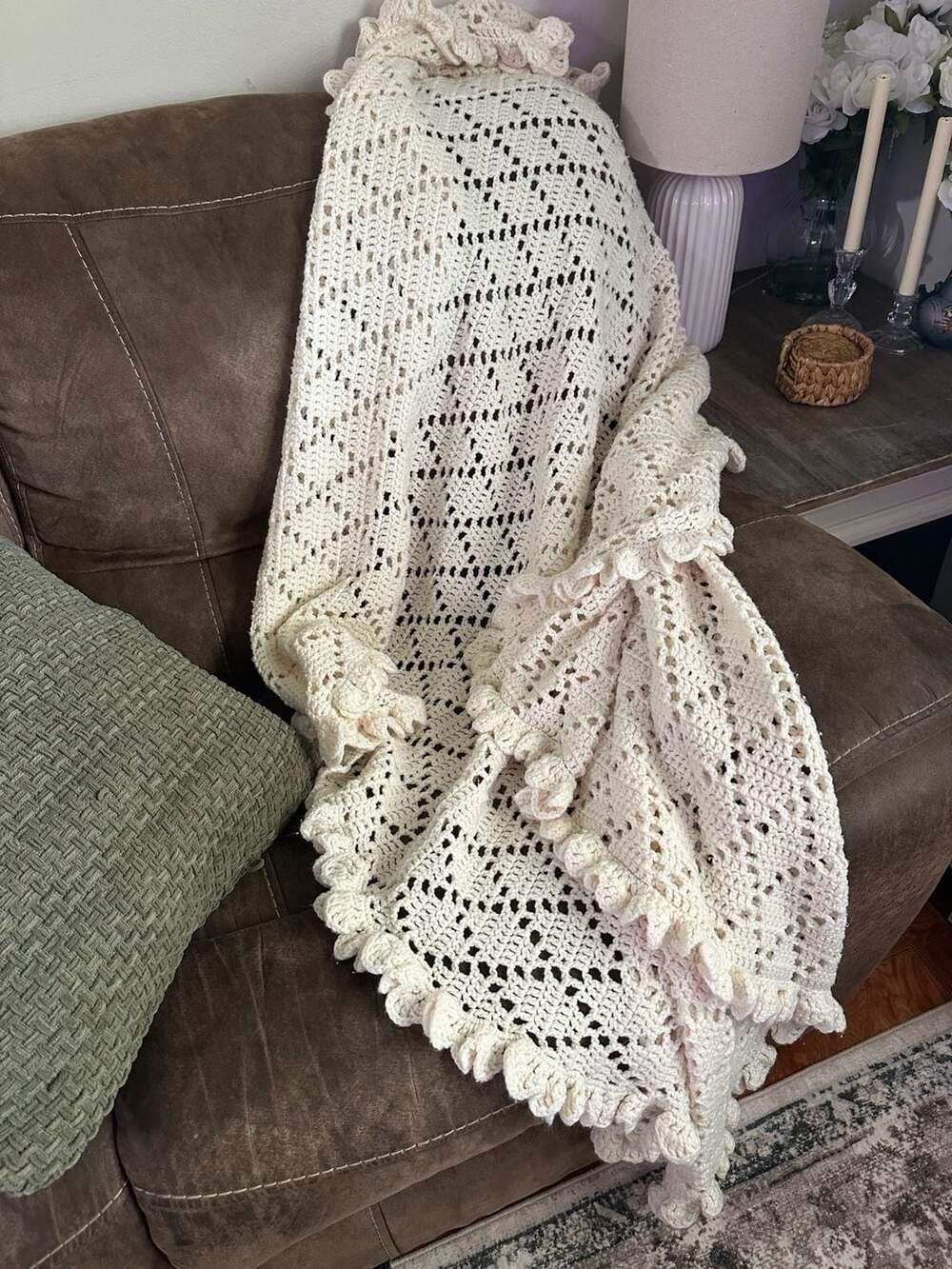 Hand-Crocheted Heirloom Lace Afghan Throw with Ruffled Edge